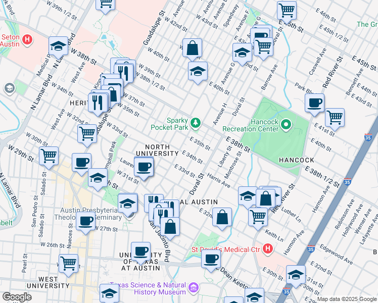 map of restaurants, bars, coffee shops, grocery stores, and more near 311 East 34th Street in Austin