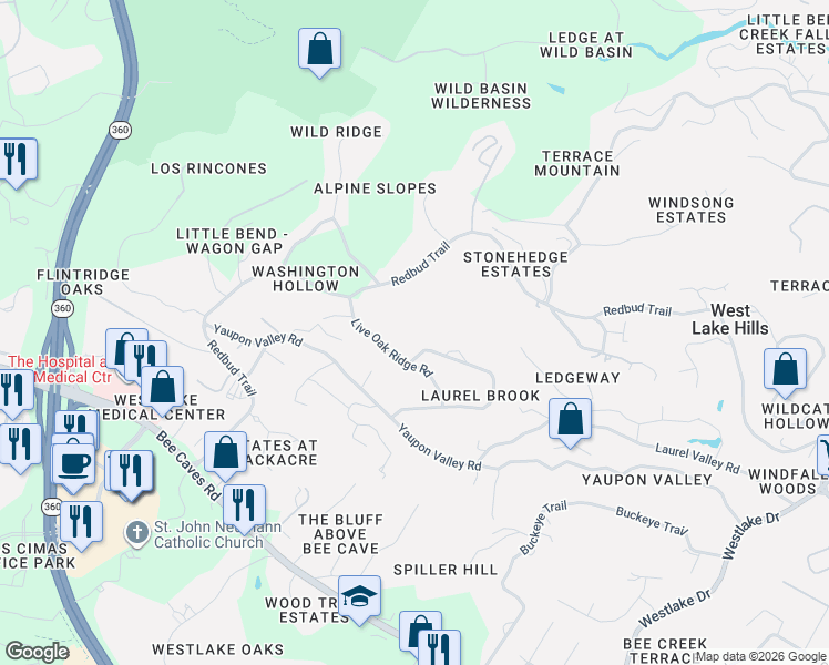 map of restaurants, bars, coffee shops, grocery stores, and more near 990 Live Oak Circle in West Lake Hills