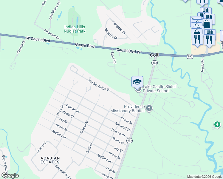 map of restaurants, bars, coffee shops, grocery stores, and more near 139 Timber Ridge Drive in Slidell