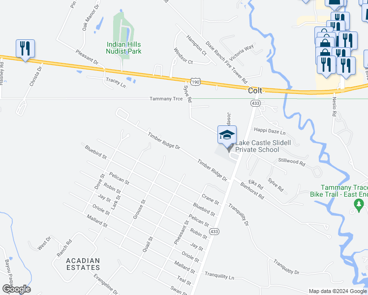 map of restaurants, bars, coffee shops, grocery stores, and more near 200 Timber Ridge Drive in Slidell