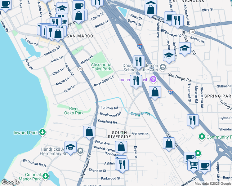 map of restaurants, bars, coffee shops, grocery stores, and more near 1805 Lorimier Road in Jacksonville