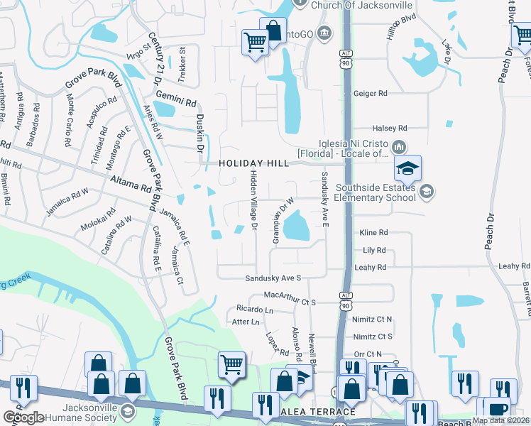 map of restaurants, bars, coffee shops, grocery stores, and more near 2703 Hidden Village Drive in Jacksonville