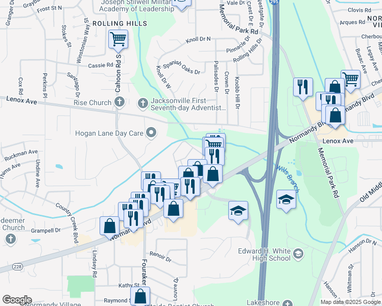 map of restaurants, bars, coffee shops, grocery stores, and more near 7777 Normandy Boulevard in Jacksonville