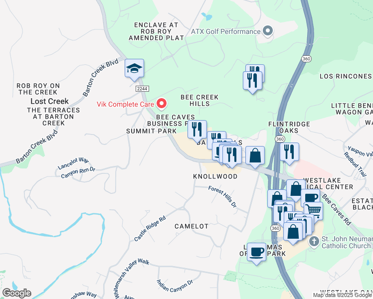 map of restaurants, bars, coffee shops, grocery stores, and more near 6500 Bee Caves Road in Austin