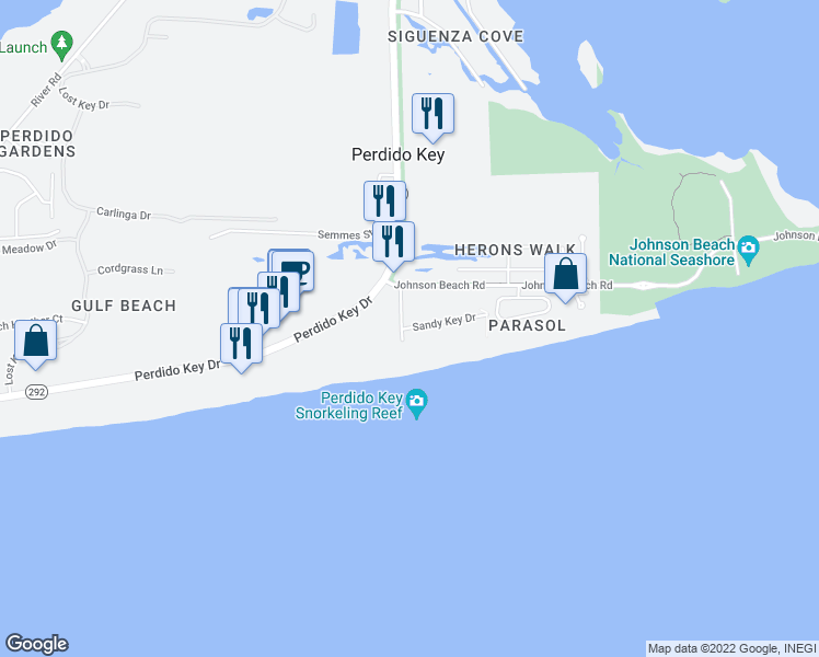 map of restaurants, bars, coffee shops, grocery stores, and more near 13532 Sandy Key Drive in Pensacola