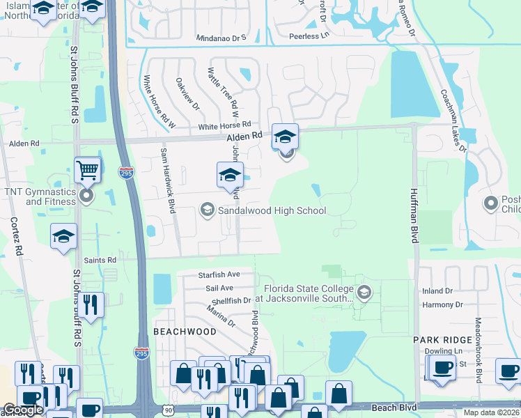 map of restaurants, bars, coffee shops, grocery stores, and more near 11530 Delegate Court in Jacksonville
