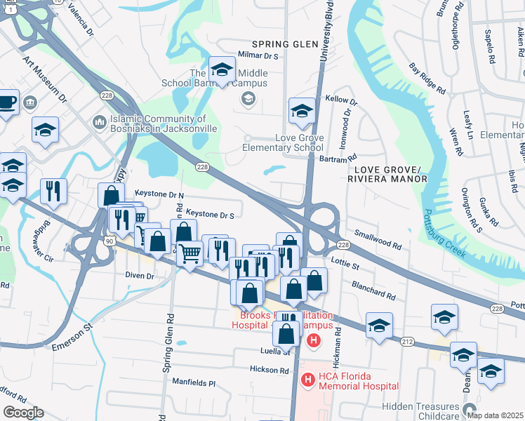 map of restaurants, bars, coffee shops, grocery stores, and more near 2900 Coronet Lane in Jacksonville