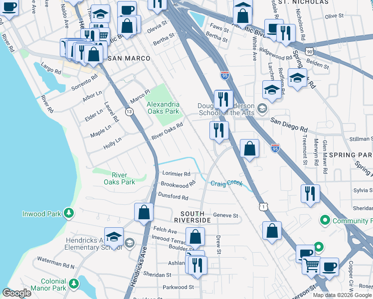map of restaurants, bars, coffee shops, grocery stores, and more near 1805 Lorimier Road in Jacksonville