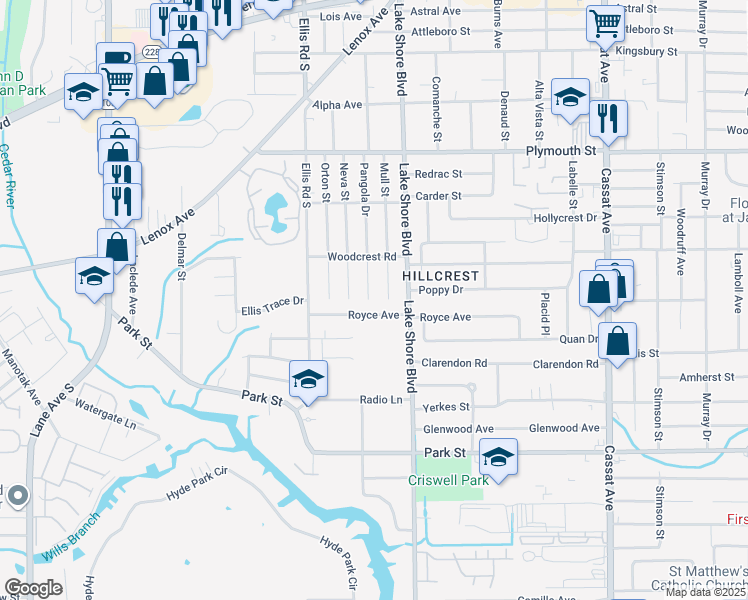 map of restaurants, bars, coffee shops, grocery stores, and more near 5456 Royce Avenue in Jacksonville