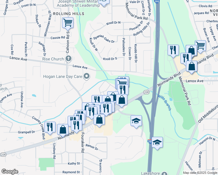 map of restaurants, bars, coffee shops, grocery stores, and more near 7777 Normandy Boulevard in Jacksonville