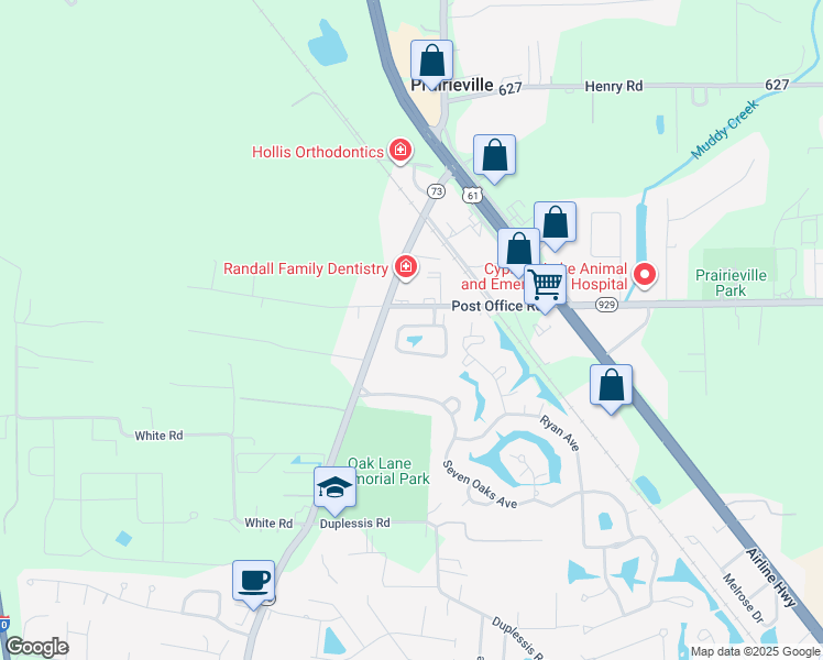 map of restaurants, bars, coffee shops, grocery stores, and more near 15432 Louisiana 73 in Prairieville