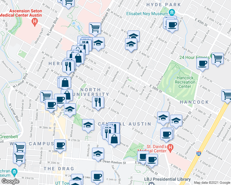 map of restaurants, bars, coffee shops, grocery stores, and more near 208 East 33rd Street in Austin
