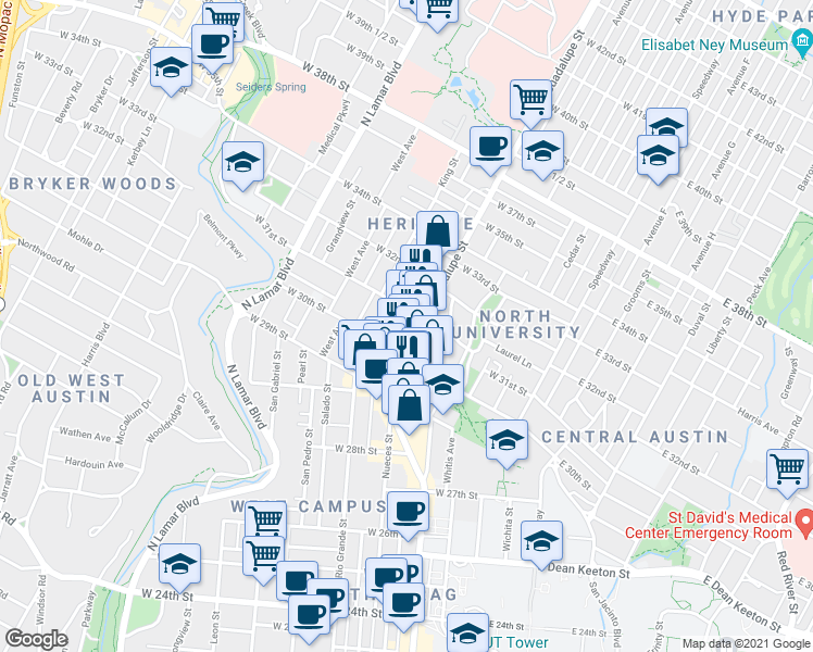 map of restaurants, bars, coffee shops, grocery stores, and more near 3023 Guadalupe Street in Austin