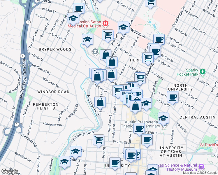 map of restaurants, bars, coffee shops, grocery stores, and more near in Austin