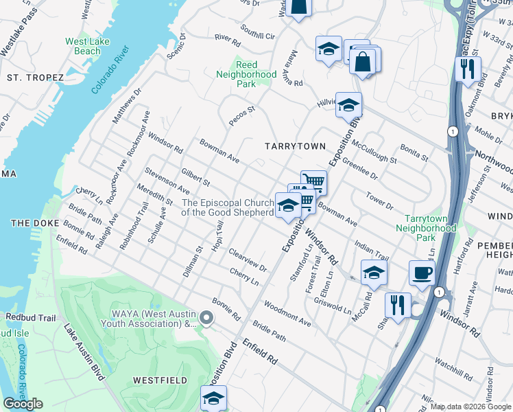 map of restaurants, bars, coffee shops, grocery stores, and more near 2909 Gilbert Street in Austin
