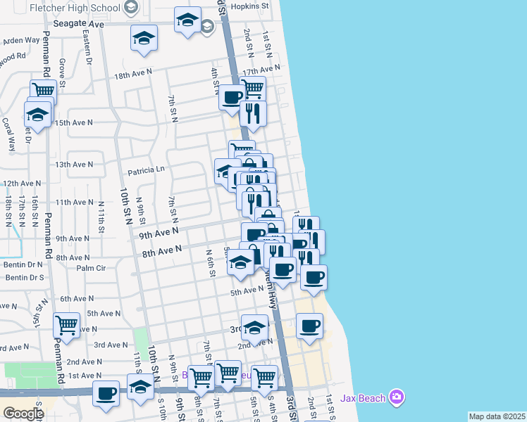 map of restaurants, bars, coffee shops, grocery stores, and more near 281 8th Avenue North in Jacksonville Beach
