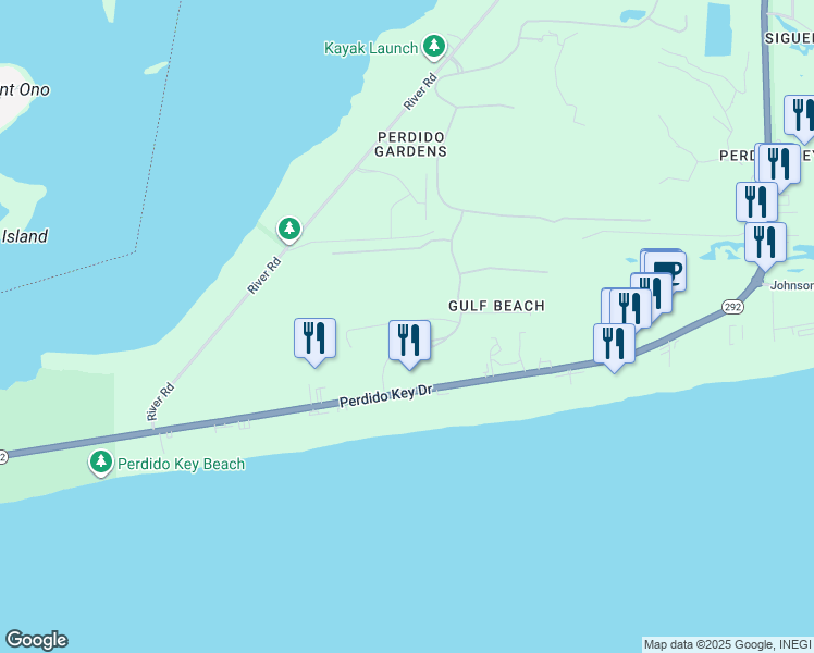 map of restaurants, bars, coffee shops, grocery stores, and more near 14281 Beach Heather Court in Pensacola