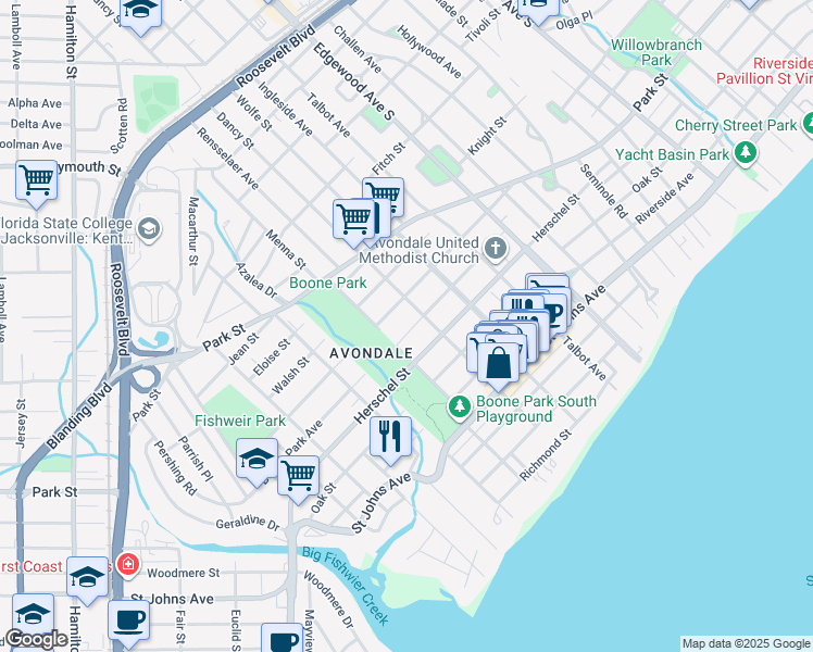 map of restaurants, bars, coffee shops, grocery stores, and more near 3688 Boone Park Avenue in Jacksonville