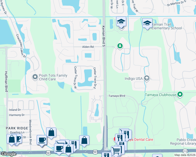 map of restaurants, bars, coffee shops, grocery stores, and more near 2516 Cedar Trace Drive East in Jacksonville