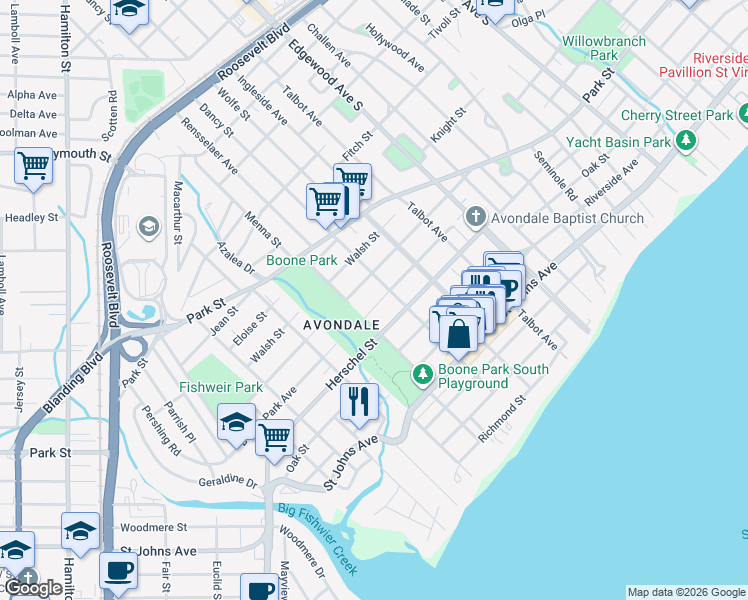 map of restaurants, bars, coffee shops, grocery stores, and more near 3688 Boone Park Avenue in Jacksonville