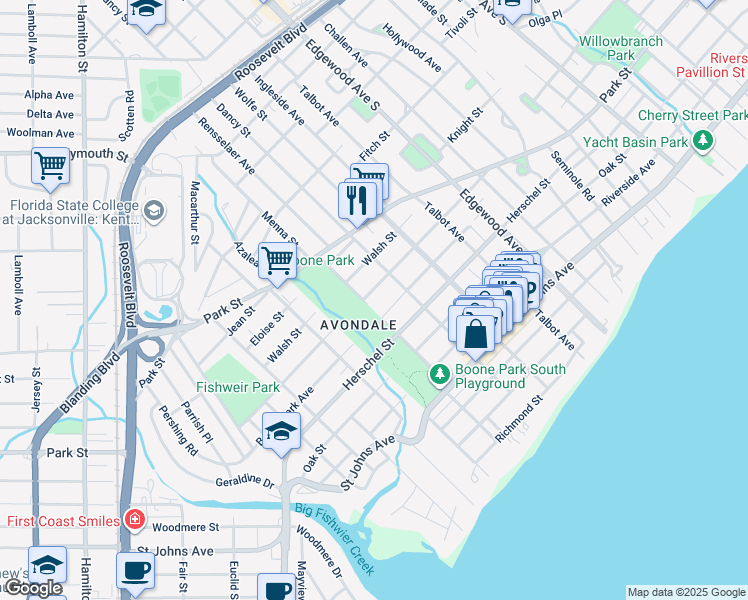 map of restaurants, bars, coffee shops, grocery stores, and more near 3688 Boone Park Avenue in Jacksonville