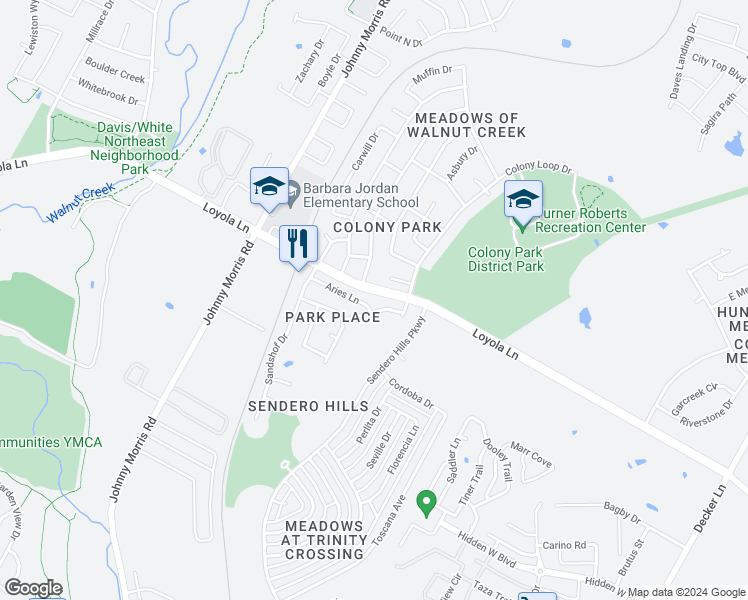 map of restaurants, bars, coffee shops, grocery stores, and more near 7109 Astro View Drive in Austin