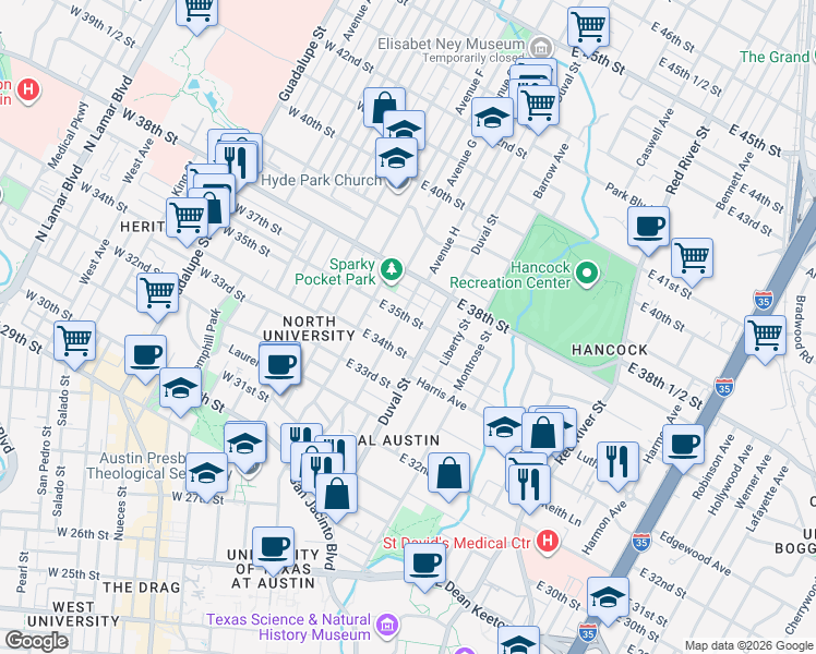 map of restaurants, bars, coffee shops, grocery stores, and more near 3406 Duval Street in Austin