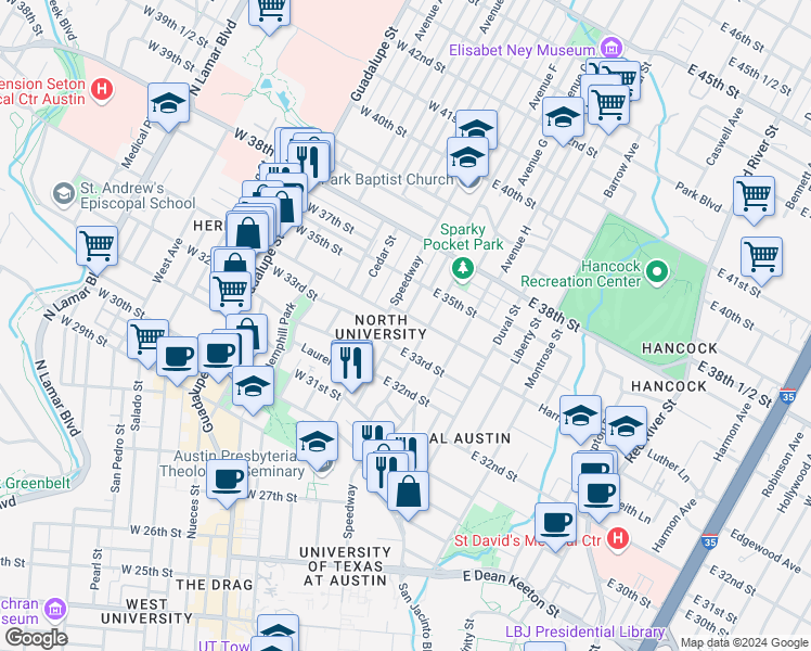 map of restaurants, bars, coffee shops, grocery stores, and more near 208 East 33rd Street in Austin