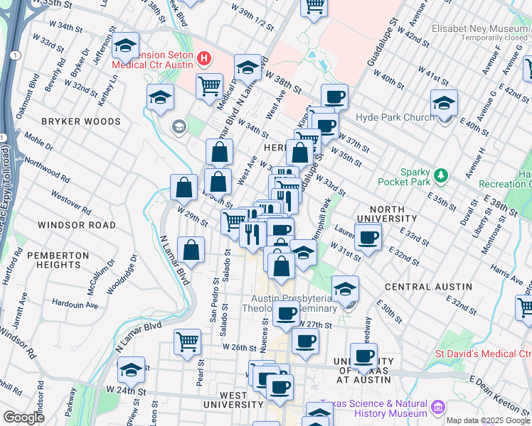 map of restaurants, bars, coffee shops, grocery stores, and more near 615 West 30th Street in Austin