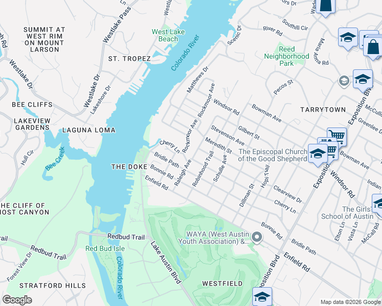 map of restaurants, bars, coffee shops, grocery stores, and more near 3506 Cherry Lane in Austin