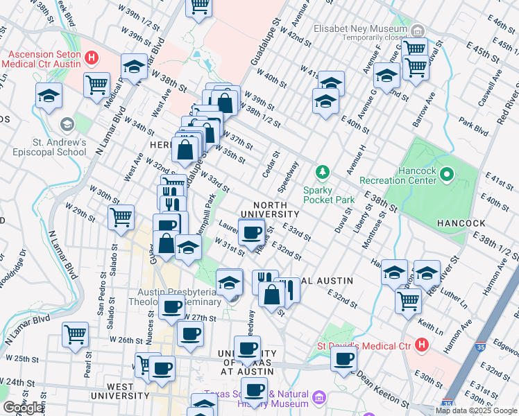 map of restaurants, bars, coffee shops, grocery stores, and more near 101 East 33rd Street in Austin