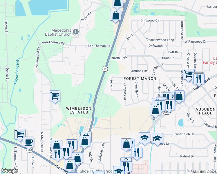 map of restaurants, bars, coffee shops, grocery stores, and more near 647 9th Street in Slidell
