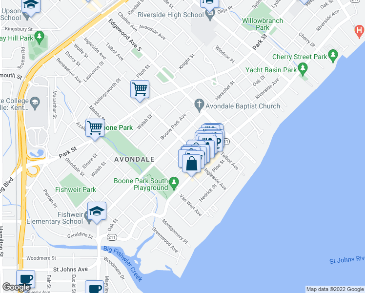 map of restaurants, bars, coffee shops, grocery stores, and more near 3607 Oak Street in Jacksonville