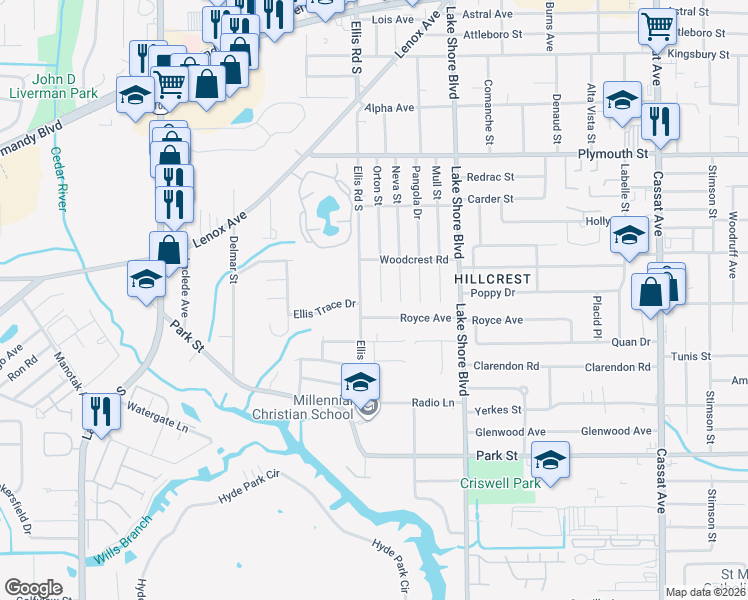 map of restaurants, bars, coffee shops, grocery stores, and more near 5534 Royce Avenue in Jacksonville