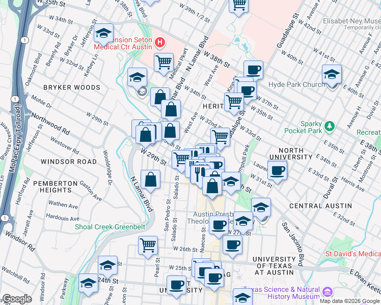 map of restaurants, bars, coffee shops, grocery stores, and more near 2907 West Avenue in Austin