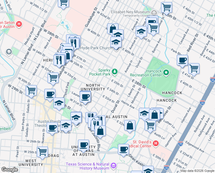 map of restaurants, bars, coffee shops, grocery stores, and more near 311 East 34th Street in Austin