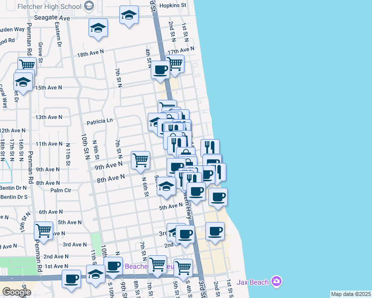 map of restaurants, bars, coffee shops, grocery stores, and more near 281 8th Avenue North in Jacksonville Beach