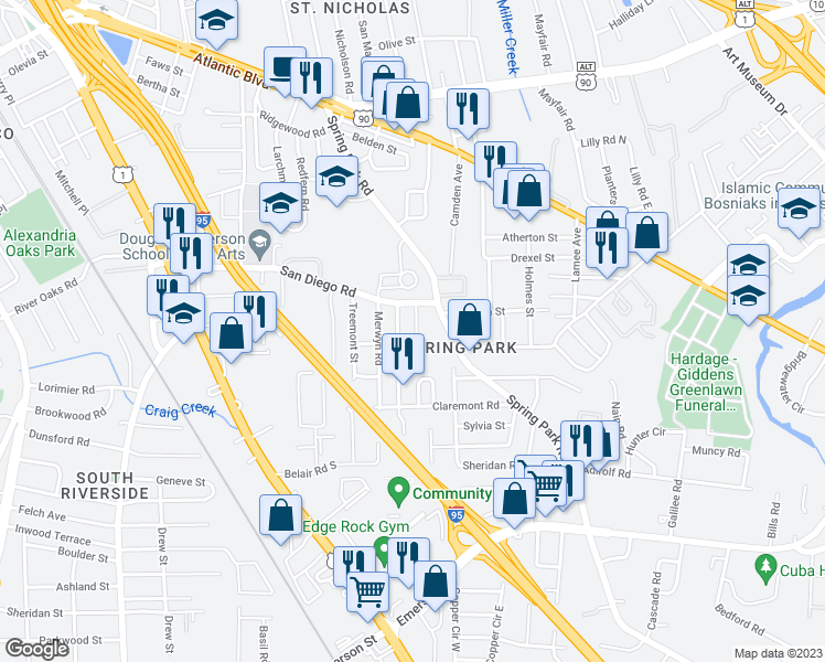map of restaurants, bars, coffee shops, grocery stores, and more near 2642 Peacock Street in Jacksonville