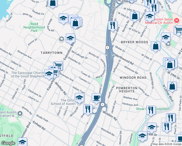 map of restaurants, bars, coffee shops, grocery stores, and more near 2203 Greenlee Drive in Austin