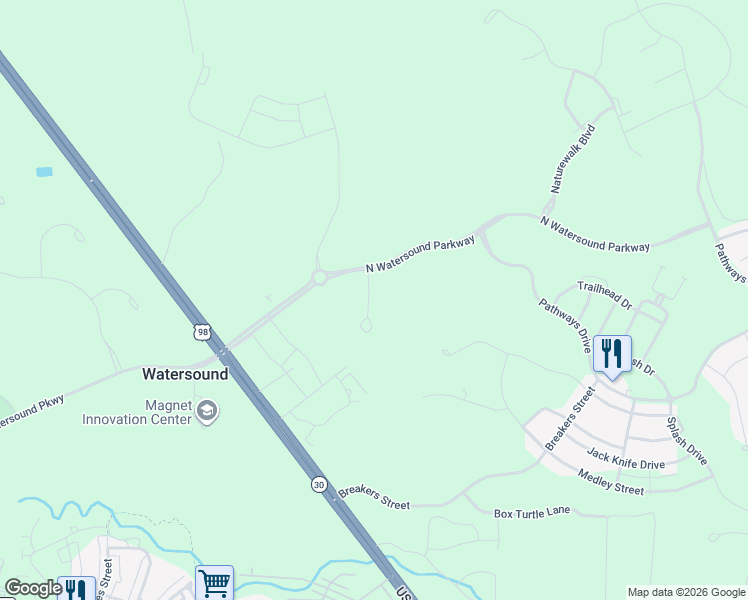 map of restaurants, bars, coffee shops, grocery stores, and more near 180 North Watersound Parkway in Inlet Beach