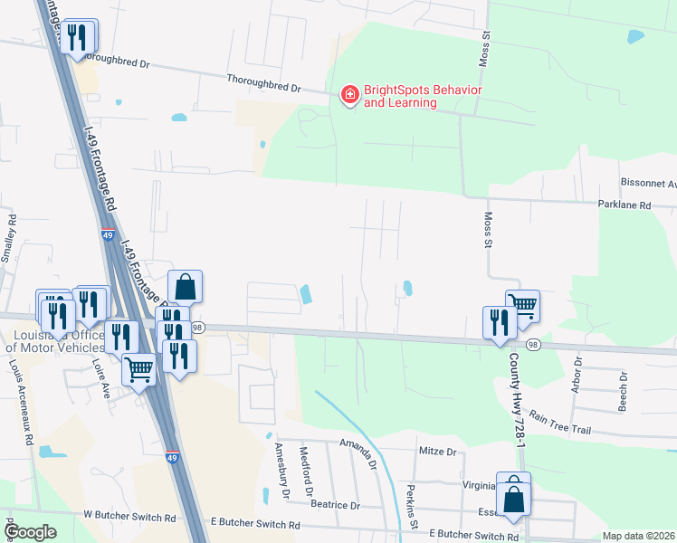 map of restaurants, bars, coffee shops, grocery stores, and more near 329 East Gloria Switch Road in Lafayette