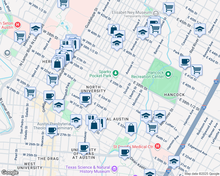 map of restaurants, bars, coffee shops, grocery stores, and more near 302 East 34th Street in Austin