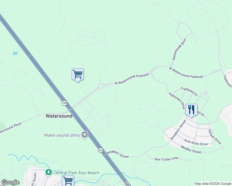 map of restaurants, bars, coffee shops, grocery stores, and more near 180 North Watersound Parkway in Inlet Beach