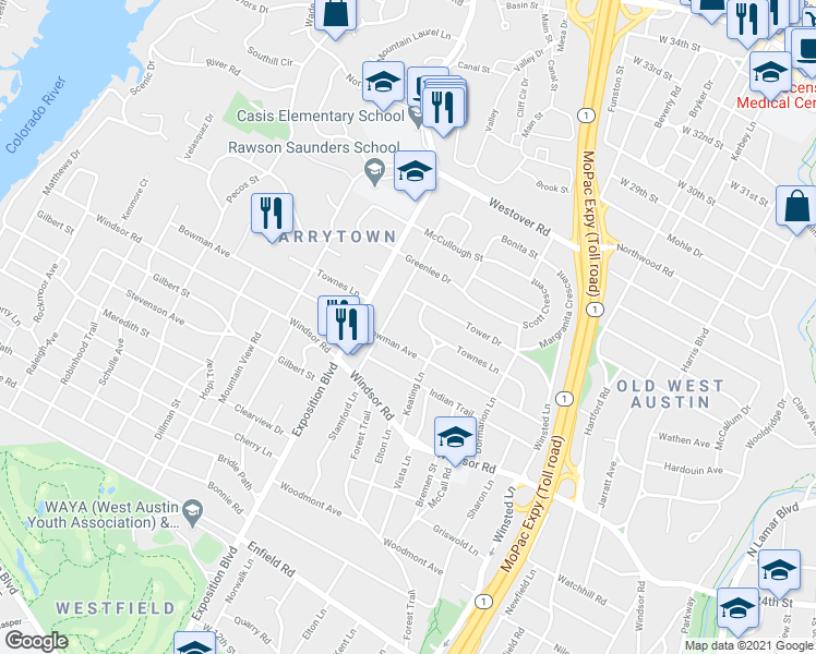 map of restaurants, bars, coffee shops, grocery stores, and more near 2510 Janice Drive in Austin