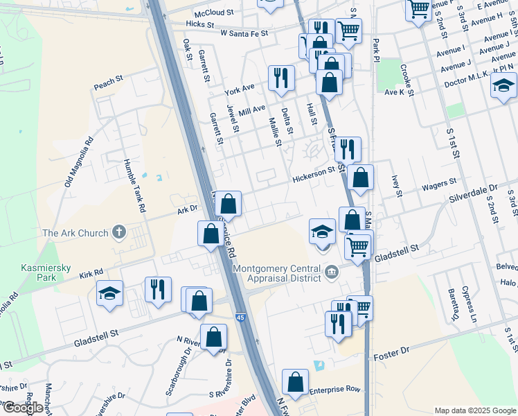 map of restaurants, bars, coffee shops, grocery stores, and more near Public Alley in Conroe