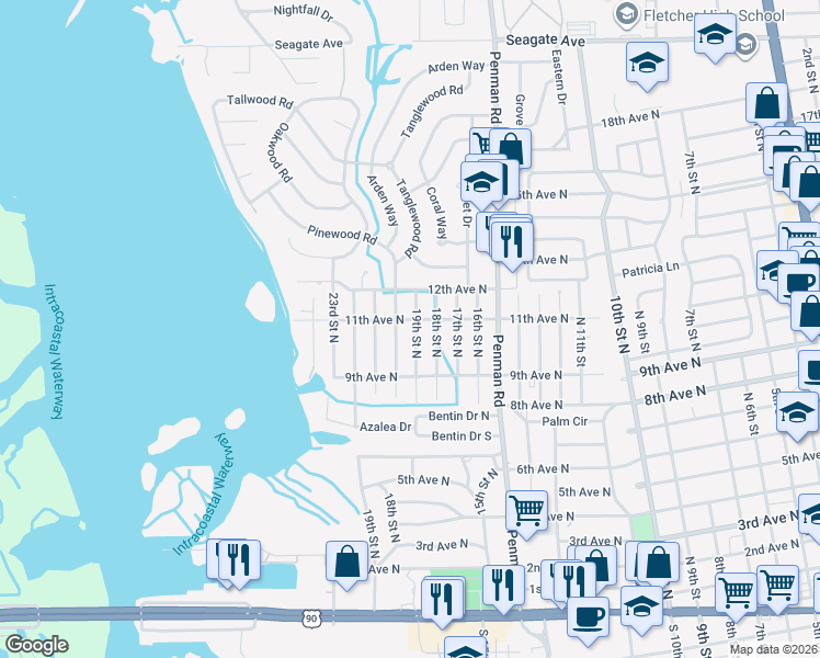 map of restaurants, bars, coffee shops, grocery stores, and more near 1203 19th Street North in Jacksonville Beach