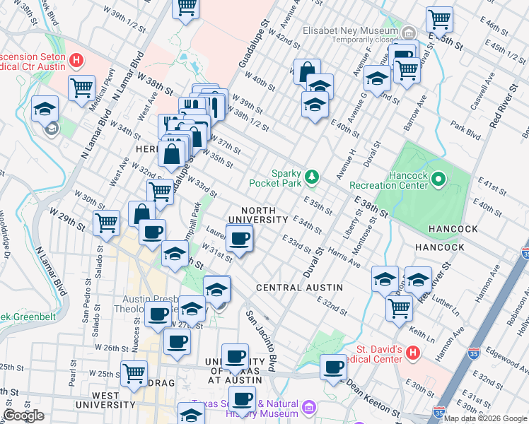 map of restaurants, bars, coffee shops, grocery stores, and more near 3307 Speedway in Austin