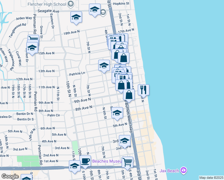 map of restaurants, bars, coffee shops, grocery stores, and more near 518 Barbara Lane in Jacksonville Beach