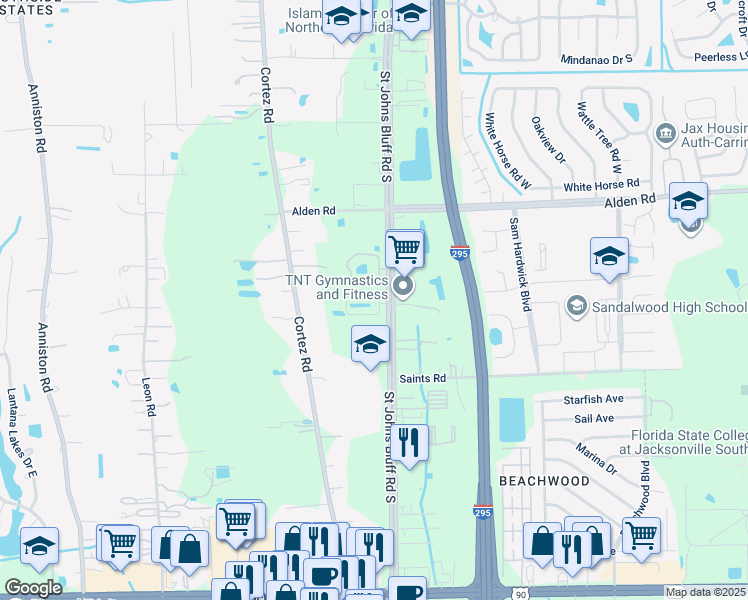 map of restaurants, bars, coffee shops, grocery stores, and more near 2678 Saint Johns Bluff Road South in Jacksonville