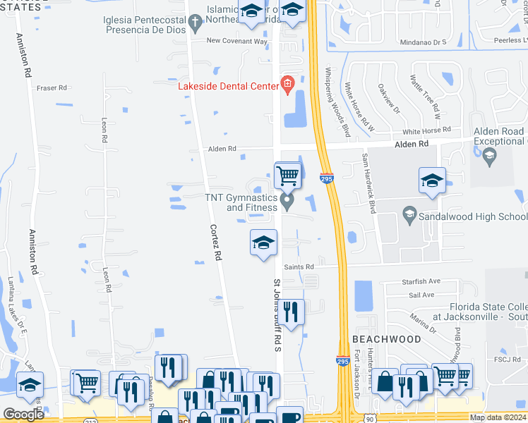 map of restaurants, bars, coffee shops, grocery stores, and more near 2678 Saint Johns Bluff Road South in Jacksonville